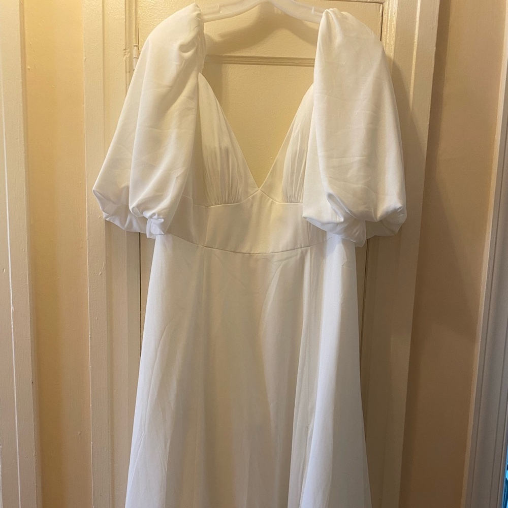 White bubble sleeve georgette v-neck wedding dress